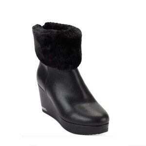 DKNY Womens 10 M Black Leather Nadra Faux Fur Wedge Ankle Booties NIB HP8